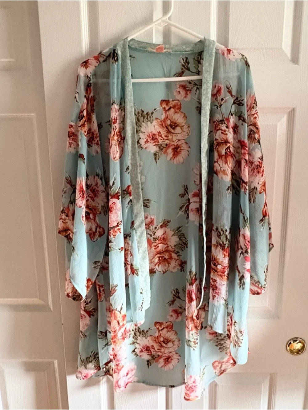 B.O.G. Collective Women’s Open Front Kimono Teal Floral Sheer XS/S